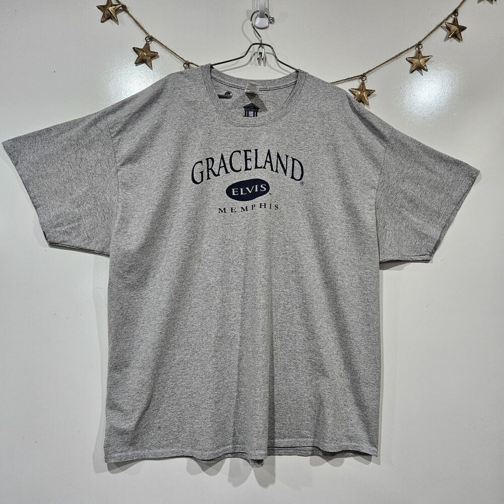 Gildan Graceland Elvis Memphis Grey Grunge Blues XXXLarge Graphic Y2K Tshirt